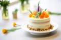 carrot cake with cream cheese frosting, nuts garnish on display Royalty Free Stock Photo