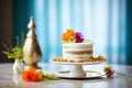 carrot cake with cream cheese frosting, nuts garnish on display Royalty Free Stock Photo