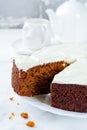 Carrot cake with cream on light background. Selective focus Royalty Free Stock Photo