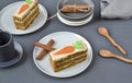 Carrot cake for mother`s Day.  Layer cake with grated carrots, walnuts and dried apricots, topped with cream cheese and frosting. Royalty Free Stock Photo