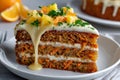 Carrot cake slice with cream cheese icing, pineapple, orange Royalty Free Stock Photo
