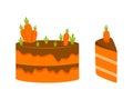 Carrot cake whole and slice. Vector illustration. Royalty Free Stock Photo