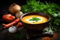 Carrot cream soup with parsley in a bowl on wooden background, Pumpkin and carrot soup with cream and parsley on dark wooden