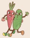 Carrot and cucumber. Retro cartoon vector. Style of 1970-s. Isolated on light beige background.