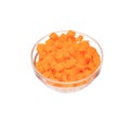 Carrot fresh fly float in glass bowl in Air turn to dice cube shape. Beta Carotene orange color in Carrot is good health. Many Royalty Free Stock Photo