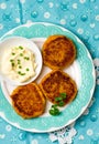 Carrot fritters with mayonese sauce Royalty Free Stock Photo