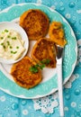 Carrot fritters with mayonese sauce Royalty Free Stock Photo