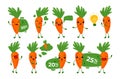 Carrot funny character promo sale discount set vector flat illustration orange vegetable mascot