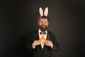 Carrot is always good idea. Easter rabbit black background. Bearded man hold carrots. Happy businessman wear rabbit ears