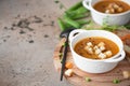 carrot and green pea puree soup with croutons Royalty Free Stock Photo