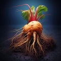 Carrot with its roots sticking out of ground. It is placed on top of dark surface, possibly table or countertop. The Royalty Free Stock Photo