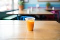 carrot juice in a disposable togo cup with orange lid, on caf table