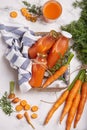 Carrot juice. Fresh organic raw vegetable detox beverage in bottles Royalty Free Stock Photo