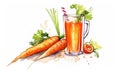 Carrot juice in a glass with fresh carrots. Watercolor hand drawn illustration Royalty Free Stock Photo