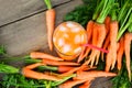 carrot juice on wooden table background, fresh and sweet carrot slices for cooking food fruits and vegetables for health concept, Royalty Free Stock Photo