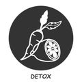 Carrot lemon icon, black circle, hand drawn outline silhoettes of fruit vegetable mix, healthy detox concept