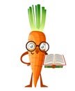 Carrot mascot. Cartoon carrot with glasses holds book. Learning concept. Vector illustration isolated on white background. Web sit