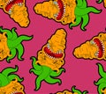 Carrot monster GMO pattern seamless. Angry Orange Vegetable with teeth background. Hungry Alien Food. vector texture