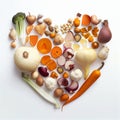 Carrot, onion, garlic and mushroom be arrange in heart shape on white background.