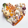 Carrot, onion, garlic and mushroom be arrange in heart shape on white background.