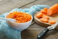 Carrot salad, healthy vegetables, Wooden stand