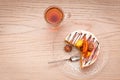 Carrot slice cake and a cup of tea top view with place for text Royalty Free Stock Photo