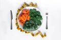 Carrot, spinach and broccoli on white plate with yellow tape-line on white background. Healthy eating concept.