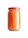 Carrot sticks, homemade fermented carrots, in glass jar with lid