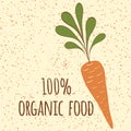 Carrot symbol. Fresh vegatable. Print made on cartoon design. Organic food. Lettering.