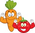 Carrot And Tomato Cartoon Mascot Characters Showing Muscle Arms
