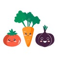 Carrot, tomato and onion. Cute kawaii vegetable characters. Vector illustration