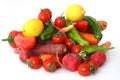 carrot tomato radish lemon pepper isolated on white background.