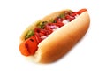 Carrot vegan hot dog with relish, ketchup and onions isolated on white Royalty Free Stock Photo