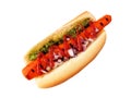 Carrot vegan hot dog with relish, ketchup and onions, top view isolated on white Royalty Free Stock Photo