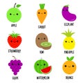 Carrot, watermelon, eggplant, pineapple, strawberry, apple, grape, kiwi, orange. Fruit vegetable berry food icon set. Cute face