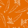 Carrot white outline on an orange background. Fresh vegetables seamless pattern.