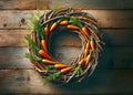 Carrot Wreath on Rustic Wooden Background, Natural and Creative Easter or Spring Decor