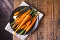 Carrots on Baking Tray Tasty Roasted Carrots Vegan Healthy Food Old Wooden Background Copy Space