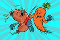 Carrots beats a sausage. the victory of vegetarianism Royalty Free Stock Photo