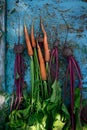 Carrots and beets - root vegetables on an old turquoise textured background. Summer farm vegetables. Vertical Royalty Free Stock Photo