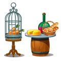 Carrots in cage and wine, bread and cheese. Vector