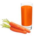Carrots and glass of fresh carrots juice on white background.