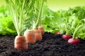 Carrots and radish growing in the garden Royalty Free Stock Photo