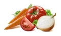 Carrots tomato yellow onion herbs on white background