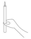 Carry in hand a thin candle in doodle style. Burning flame of a church candle. Ritual attribute