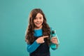 Carry refillable bottle everywhere. Living healthy life. Health and water balance. Girl hold water bottle. Kid girl long Royalty Free Stock Photo