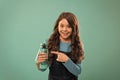 Carry refillable bottle everywhere. Living healthy life. Health and water balance. Girl hold water bottle. Kid girl long Royalty Free Stock Photo