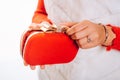 Carry your lippy in style. Mini bag. Fashion handbag. Fashion accessory. Vintage or retro clutch design. Red purse or