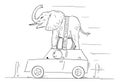 Carrying Heavy Elephant on Car, Vector Cartoon Stick Figure Illustration