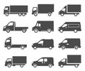 Cars  autos  trucks black icons set isolated on white. Lorry  van  camion pictograms collection Royalty Free Stock Photo